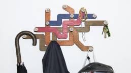 Coat Hanger Wall Wood. Full view. A fun and practical coat rack of the Montreal metro network. White background. omeech